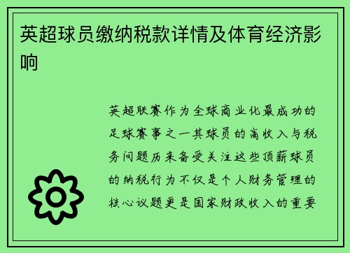 英超球员缴纳税款详情及体育经济影响